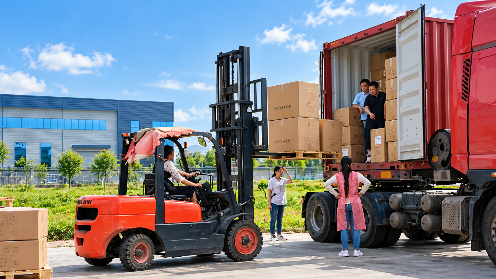 Workers loading export cartons into a container