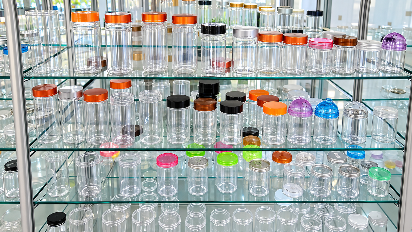 Clear packaging jars and closure samples