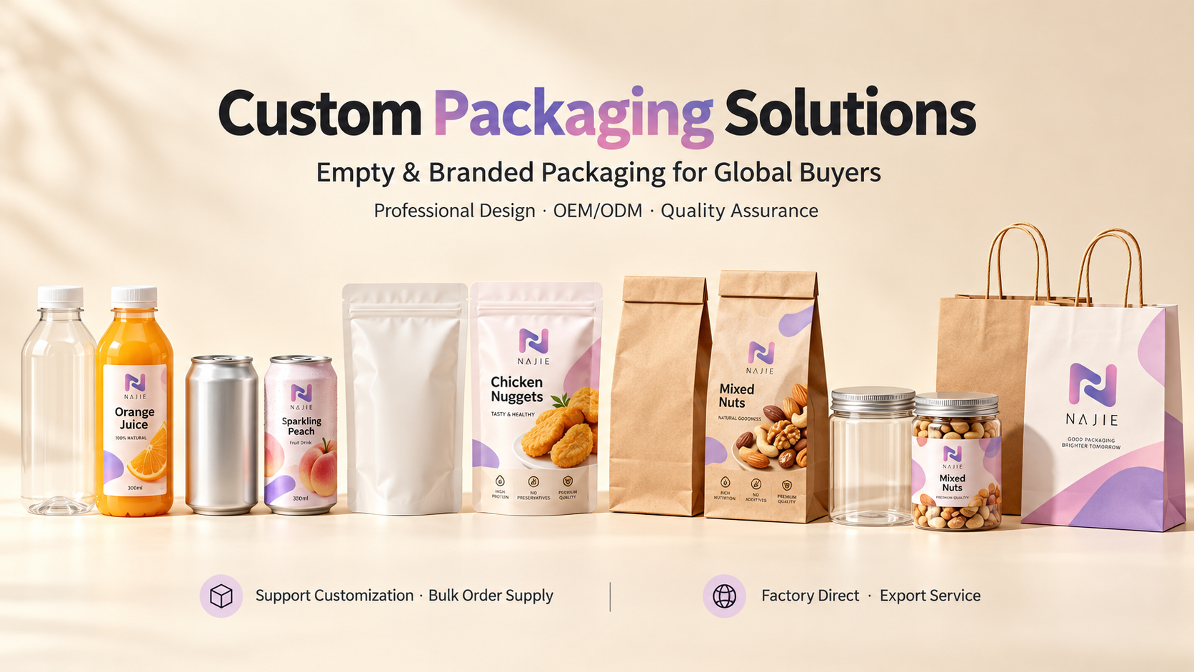 Hebei Najie custom packaging solutions showing empty and branded bottles, cans, pouches, jars and shopping bags